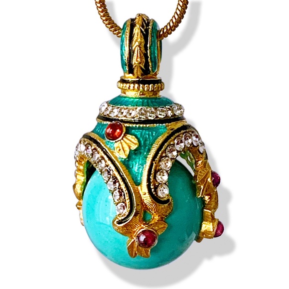 TURQUOISE STERLING SILVER Faberge Victorian Egg Pendant Swarovski Crystal Garnet